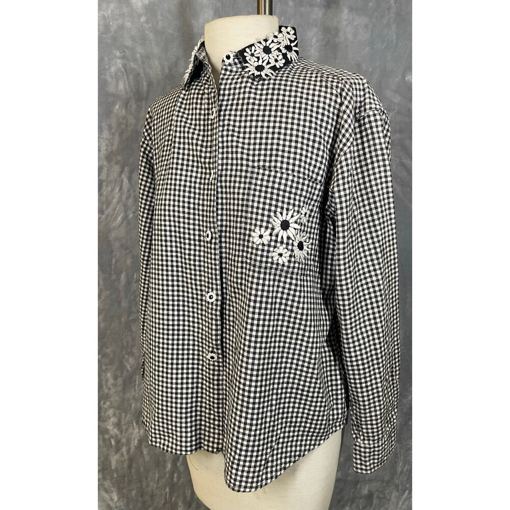 Vintage‎ 90s black white gingham 3D Daisy appliqué button front shirt S cottage